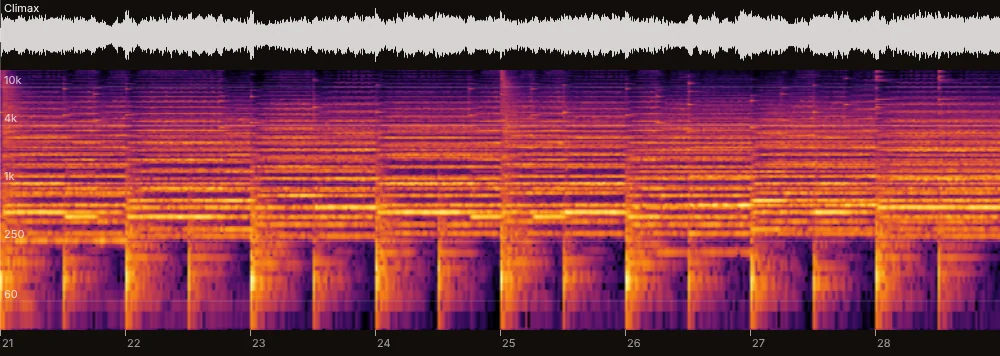 Spectrogram of eight bars of an orchestral climax returned by analyze_audio